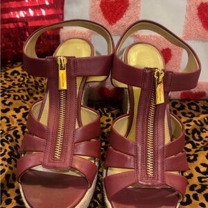 Michael Kors Burgundy Burkley Leather Sandals with Gold Zipper 7.5